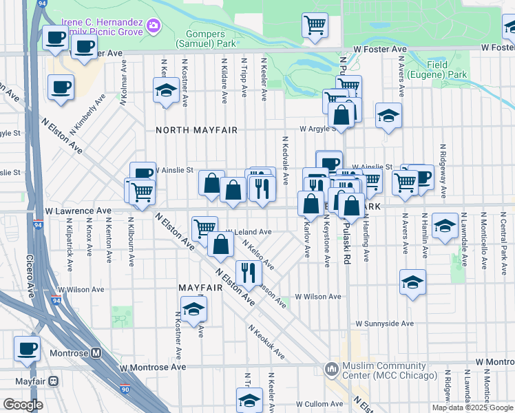 map of restaurants, bars, coffee shops, grocery stores, and more near 4212 West Lawrence Avenue in Chicago