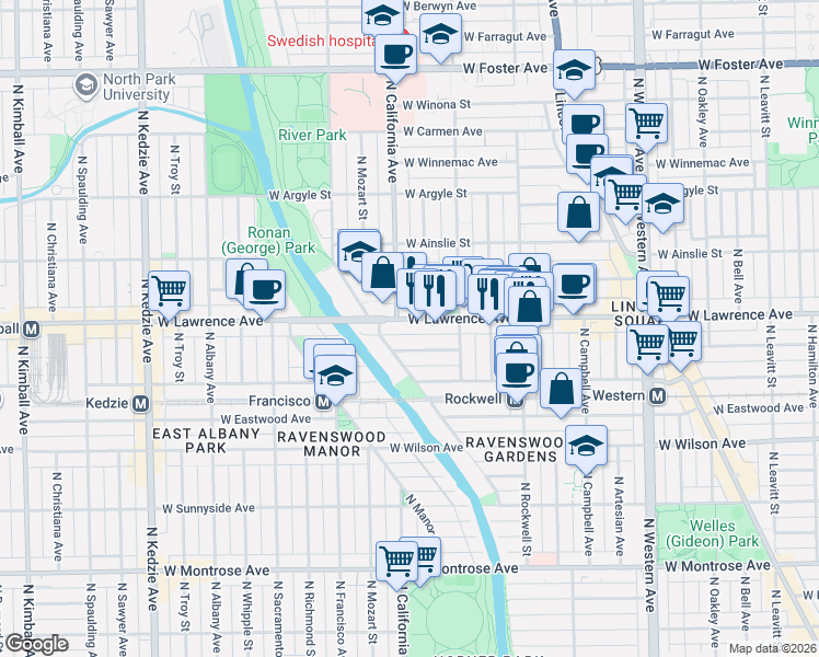 map of restaurants, bars, coffee shops, grocery stores, and more near 2731 West Lawrence Avenue in Chicago