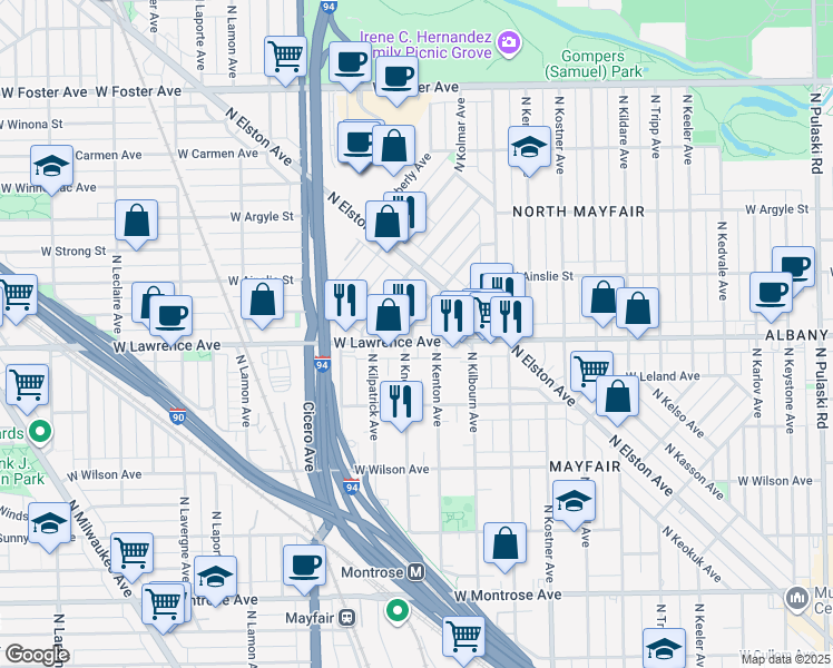 map of restaurants, bars, coffee shops, grocery stores, and more near 4810 North Kentucky Avenue in Chicago