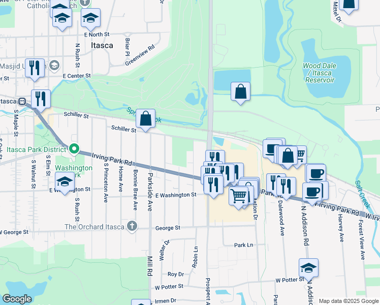 map of restaurants, bars, coffee shops, grocery stores, and more near 218 Broker Avenue in Itasca