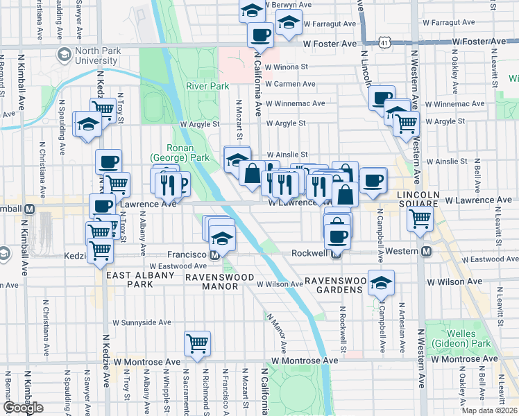 map of restaurants, bars, coffee shops, grocery stores, and more near in Chicago