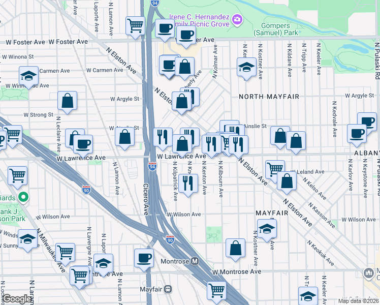 map of restaurants, bars, coffee shops, grocery stores, and more near 4810 North Kentucky Avenue in Chicago