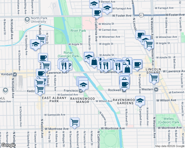 map of restaurants, bars, coffee shops, grocery stores, and more near 4764 North Virginia Avenue in Chicago