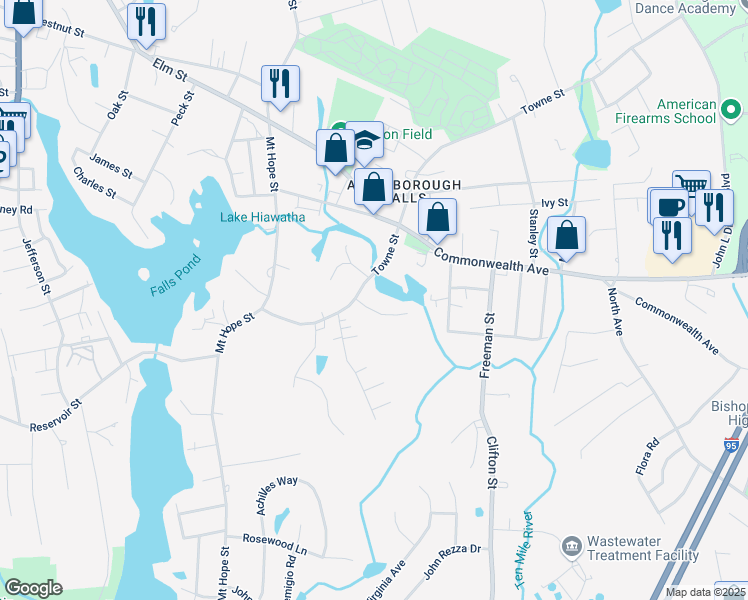 map of restaurants, bars, coffee shops, grocery stores, and more near 115 Towne Street in North Attleborough