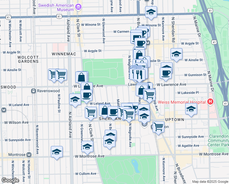 map of restaurants, bars, coffee shops, grocery stores, and more near 4744 North Malden Street in Chicago