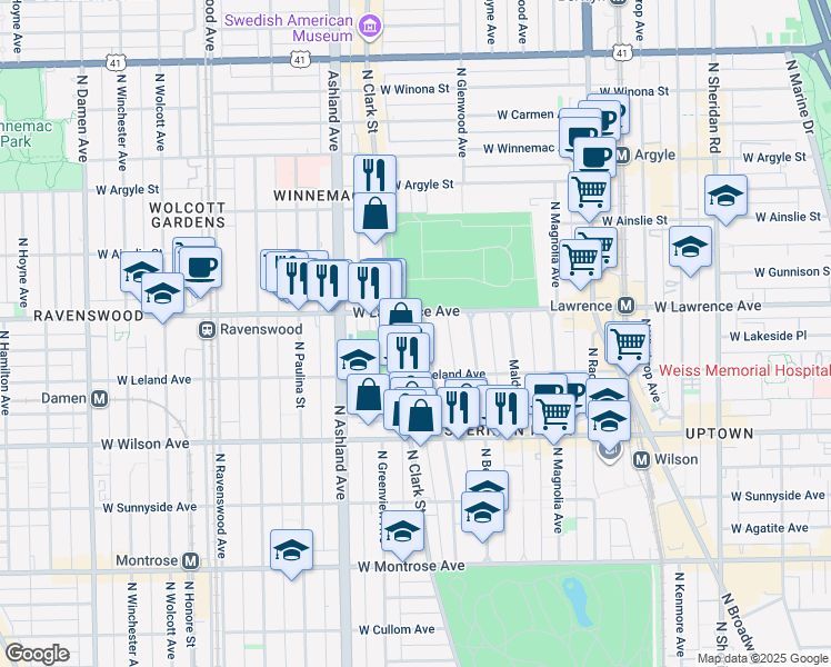 map of restaurants, bars, coffee shops, grocery stores, and more near 4746 North Dover Street in Chicago