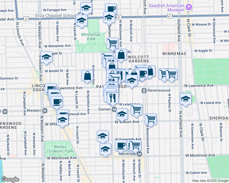map of restaurants, bars, coffee shops, grocery stores, and more near 1945 West Lawrence Avenue in Chicago