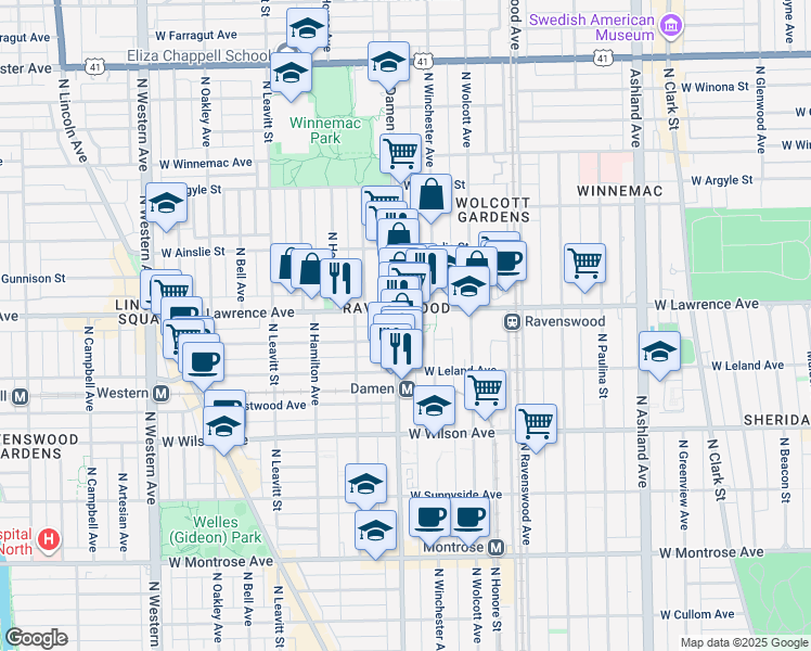map of restaurants, bars, coffee shops, grocery stores, and more near 4745 North Damen Avenue in Chicago