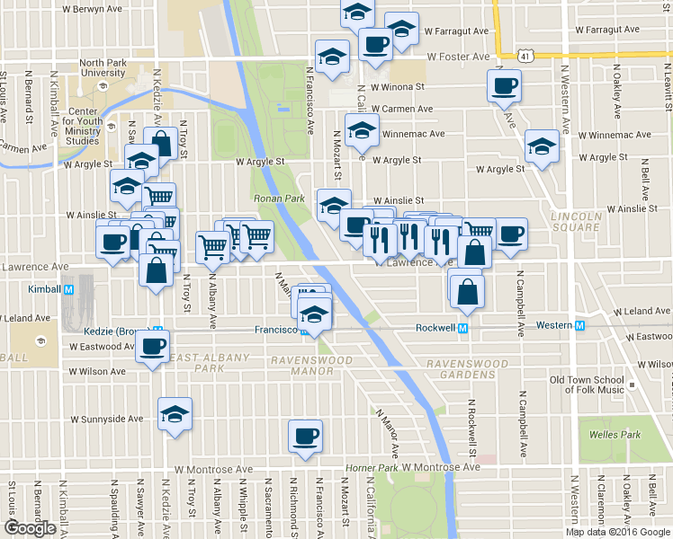 map of restaurants, bars, coffee shops, grocery stores, and more near 2835 West Lawrence Avenue in Chicago