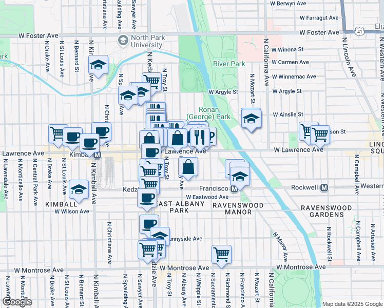 map of restaurants, bars, coffee shops, grocery stores, and more near 3035 West Lawrence Avenue in Chicago