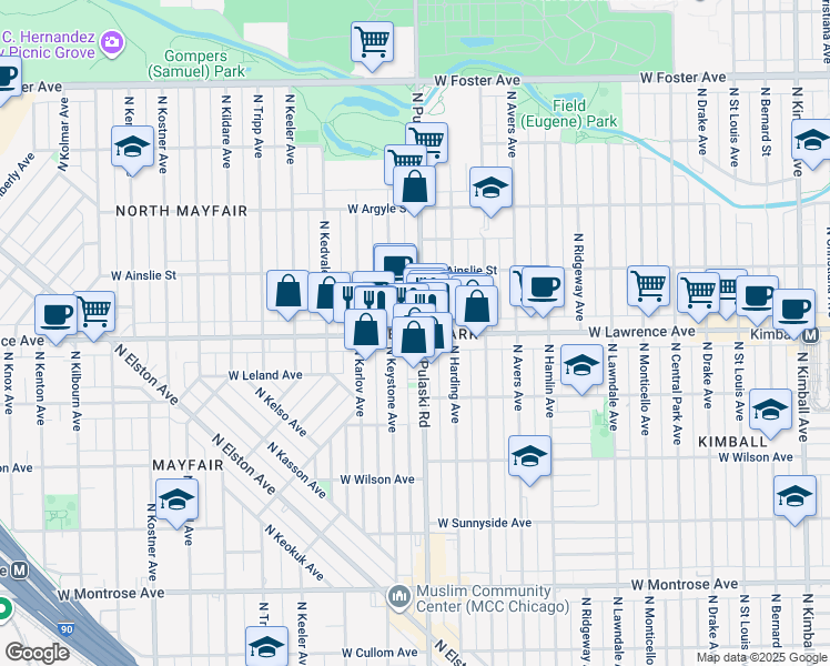 map of restaurants, bars, coffee shops, grocery stores, and more near 4010 West Lawrence Avenue in Chicago