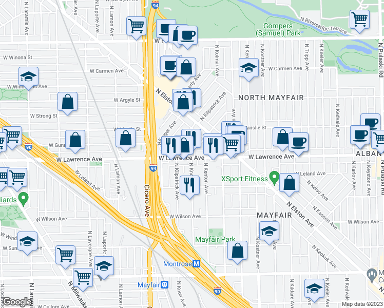 map of restaurants, bars, coffee shops, grocery stores, and more near 4810 North Kentucky Avenue in Chicago