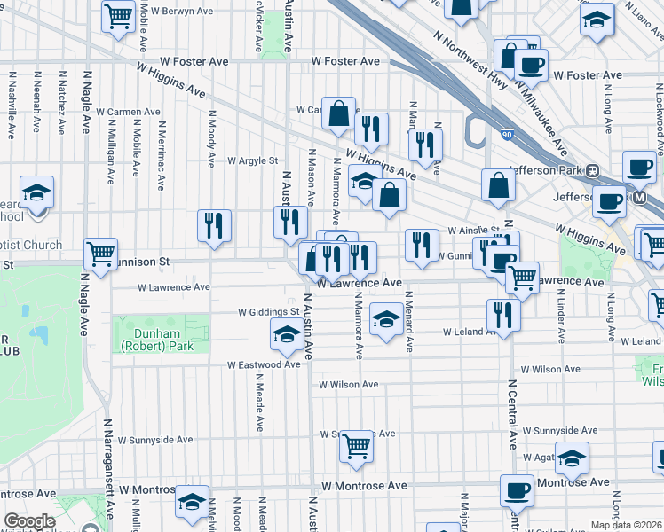 map of restaurants, bars, coffee shops, grocery stores, and more near 5869 West Gunnison Street in Chicago