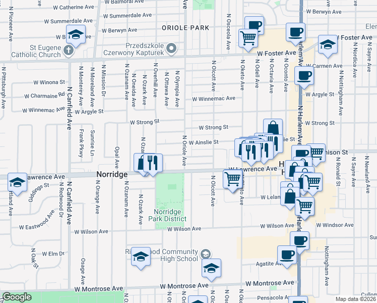 map of restaurants, bars, coffee shops, grocery stores, and more near 7529 West Ainslie Street in Chicago