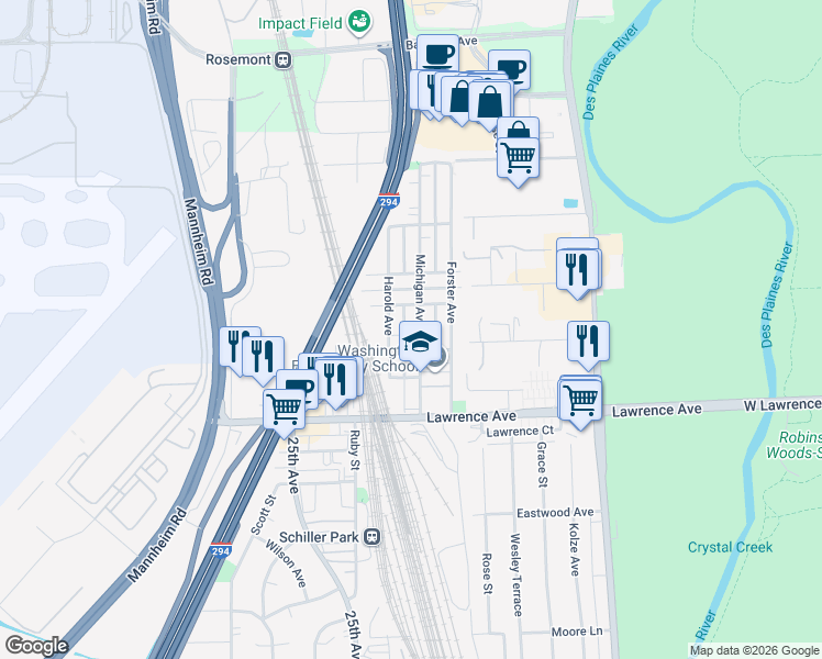 map of restaurants, bars, coffee shops, grocery stores, and more near 4923 Michigan Avenue in Schiller Park