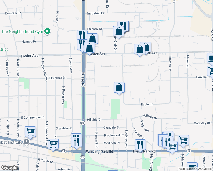 map of restaurants, bars, coffee shops, grocery stores, and more near 1003 Argyle Street in Bensenville