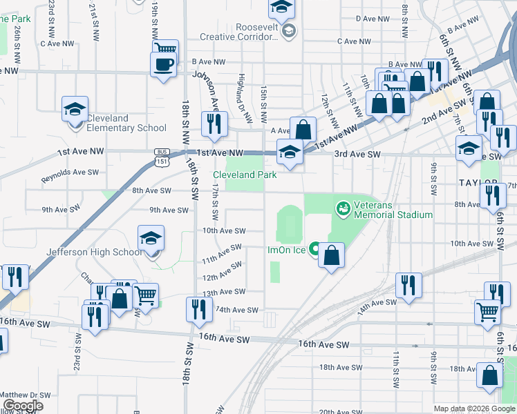 map of restaurants, bars, coffee shops, grocery stores, and more near 810 15th Street Southwest in Cedar Rapids