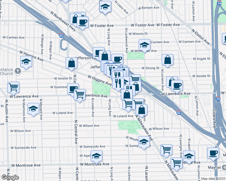 map of restaurants, bars, coffee shops, grocery stores, and more near 5413 West Higgins Avenue in Chicago