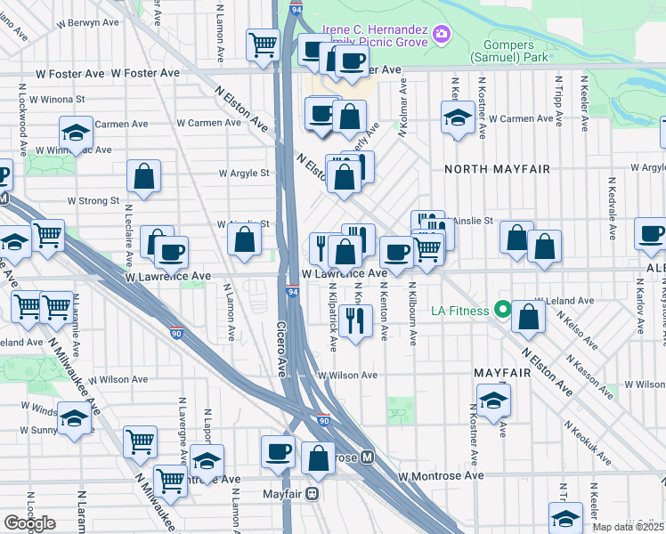 map of restaurants, bars, coffee shops, grocery stores, and more near 4660 West Lawrence Avenue in Chicago