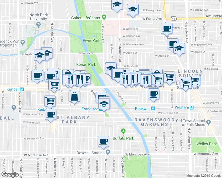 map of restaurants, bars, coffee shops, grocery stores, and more near 2835 West Lawrence Avenue in Chicago