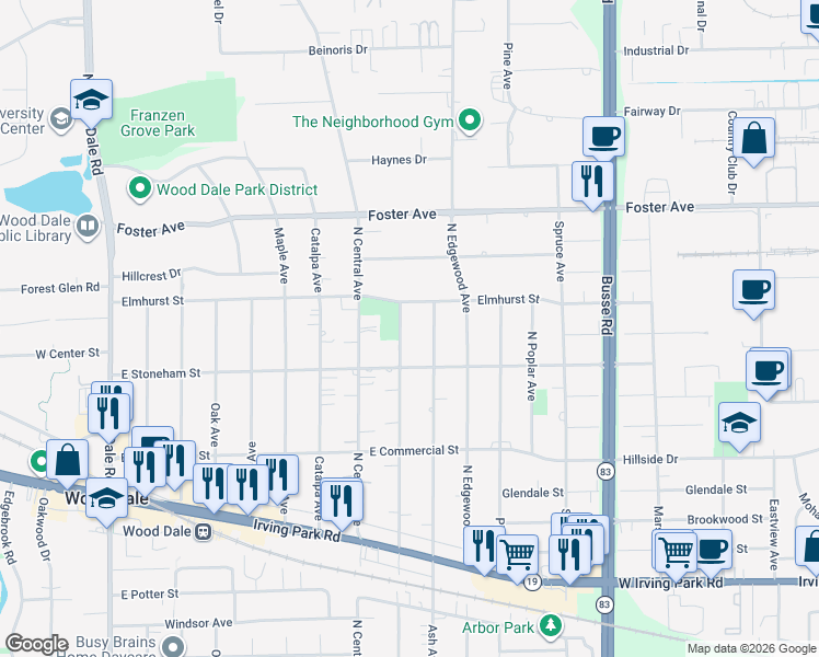 map of restaurants, bars, coffee shops, grocery stores, and more near 356 Elmhurst Street in Wood Dale