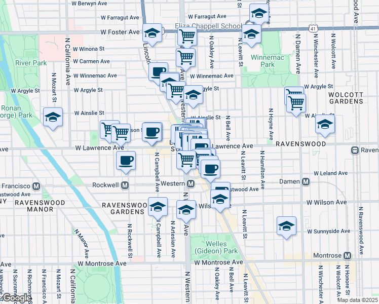 map of restaurants, bars, coffee shops, grocery stores, and more near 4770 North Lincoln Avenue in Chicago