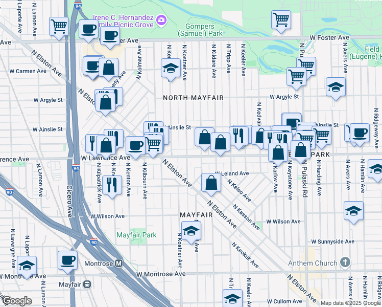 map of restaurants, bars, coffee shops, grocery stores, and more near 4404 West Lawrence Avenue in Chicago