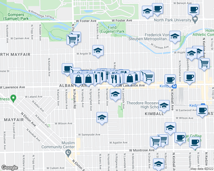 map of restaurants, bars, coffee shops, grocery stores, and more near West Lawrence Avenue & North Hamlin Avenue in Chicago