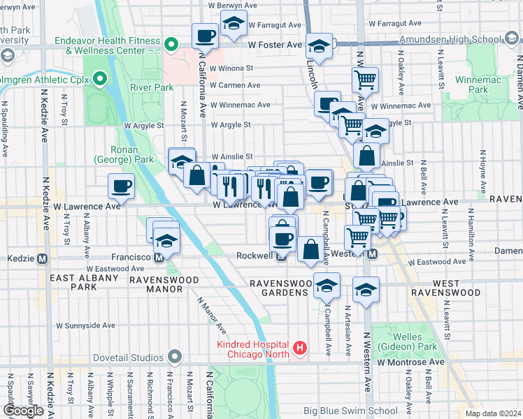 map of restaurants, bars, coffee shops, grocery stores, and more near 2635 West Lawrence Avenue in Chicago