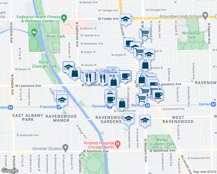 map of restaurants, bars, coffee shops, grocery stores, and more near 2607 West Lawrence Avenue in Chicago
