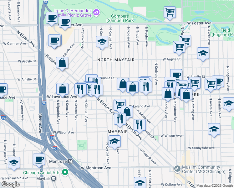 map of restaurants, bars, coffee shops, grocery stores, and more near 4809 North Lowell Avenue in Chicago
