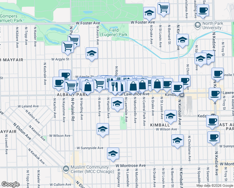 map of restaurants, bars, coffee shops, grocery stores, and more near W Lawrence Ave & N Ridgeway Ave in Chicago