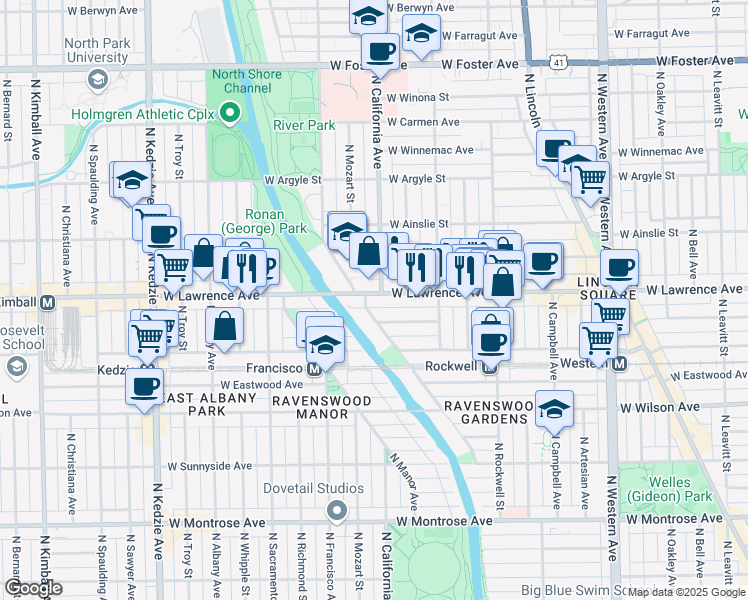 map of restaurants, bars, coffee shops, grocery stores, and more near 2801 West Lawrence Avenue in Chicago