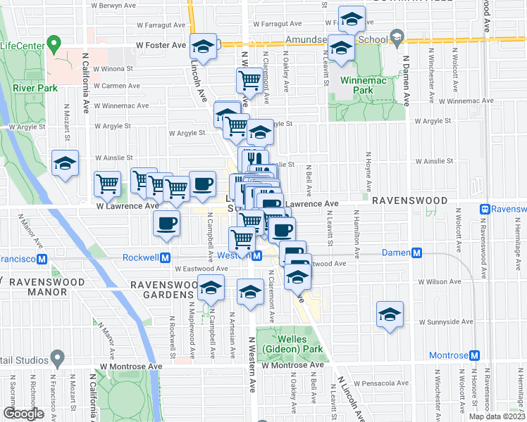 map of restaurants, bars, coffee shops, grocery stores, and more near 4763 North Lincoln Avenue in Chicago
