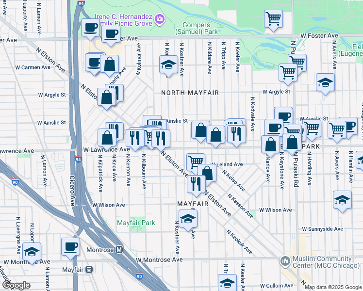 map of restaurants, bars, coffee shops, grocery stores, and more near 4404 West Lawrence Avenue in Chicago