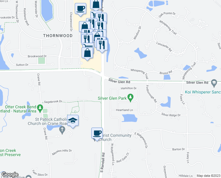 map of restaurants, bars, coffee shops, grocery stores, and more near 655 Glenwood Drive in South Elgin