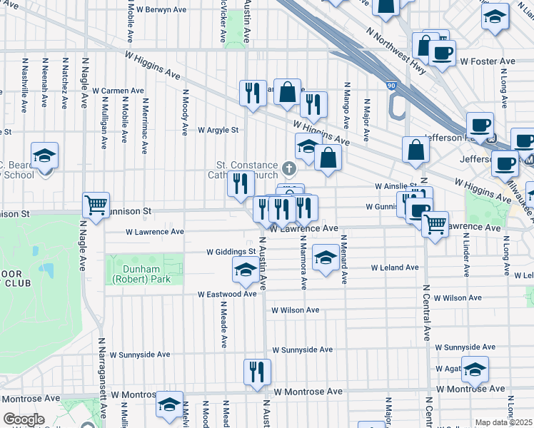 map of restaurants, bars, coffee shops, grocery stores, and more near 4825 North Mason Avenue in Chicago
