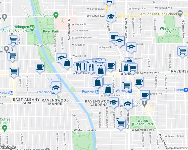 map of restaurants, bars, coffee shops, grocery stores, and more near 2619 West Lawrence Avenue in Chicago