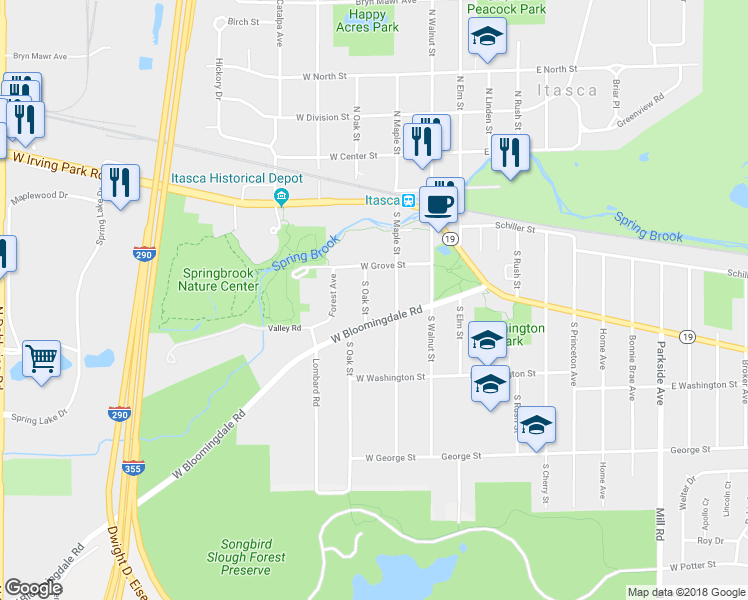map of restaurants, bars, coffee shops, grocery stores, and more near 225 South Oak Street in Itasca