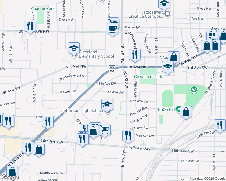map of restaurants, bars, coffee shops, grocery stores, and more near 1812 9th Avenue Southwest in Cedar Rapids