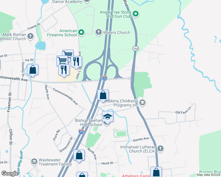 map of restaurants, bars, coffee shops, grocery stores, and more near 57 Quincy Way in Attleboro