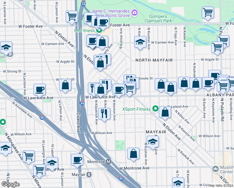 map of restaurants, bars, coffee shops, grocery stores, and more near 4522 West Lawrence Avenue in Chicago