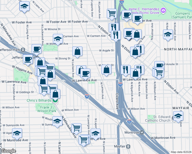 map of restaurants, bars, coffee shops, grocery stores, and more near 4937 West Gunnison Street in Chicago