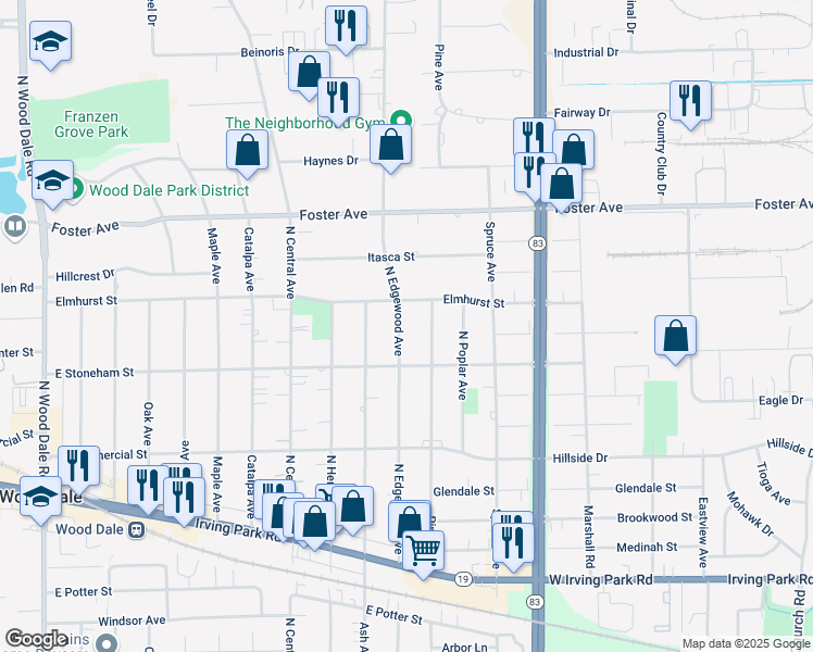 map of restaurants, bars, coffee shops, grocery stores, and more near 429 North Edgewood Avenue in Wood Dale