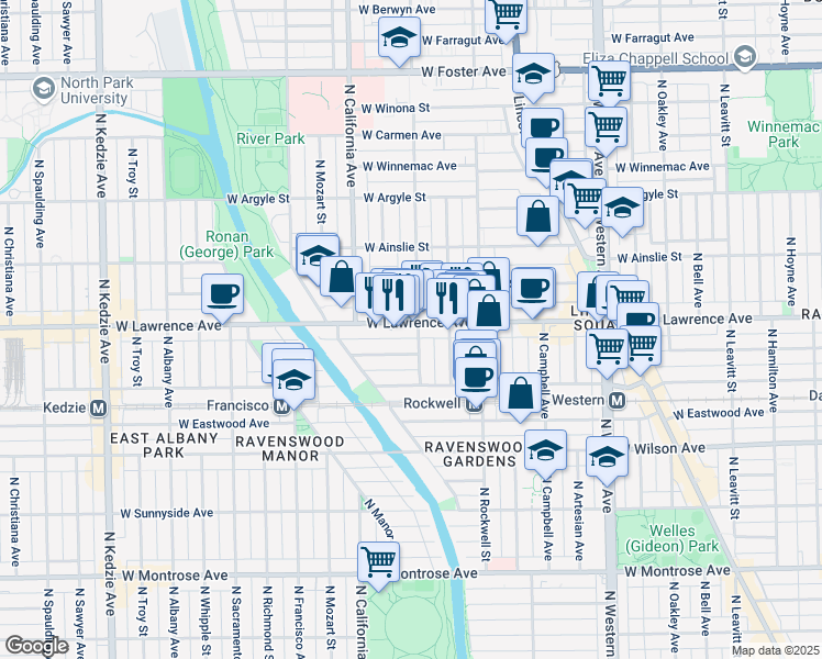 map of restaurants, bars, coffee shops, grocery stores, and more near in Chicago