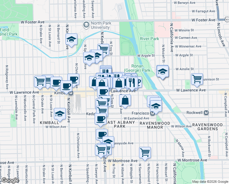map of restaurants, bars, coffee shops, grocery stores, and more near 3119 West Lawrence Avenue in Chicago