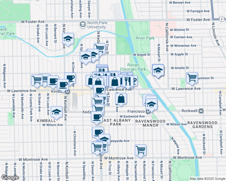 map of restaurants, bars, coffee shops, grocery stores, and more near 3111 West Lawrence Avenue in Chicago