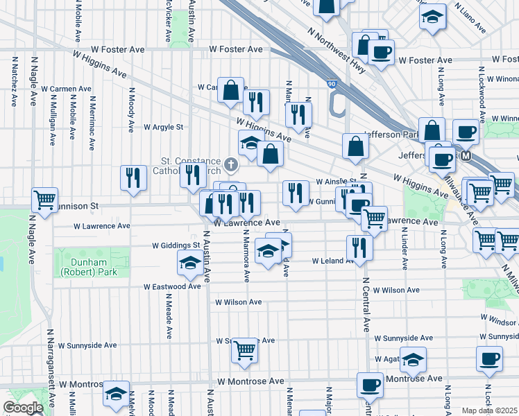 map of restaurants, bars, coffee shops, grocery stores, and more near 5827 West Gunnison Street in Chicago