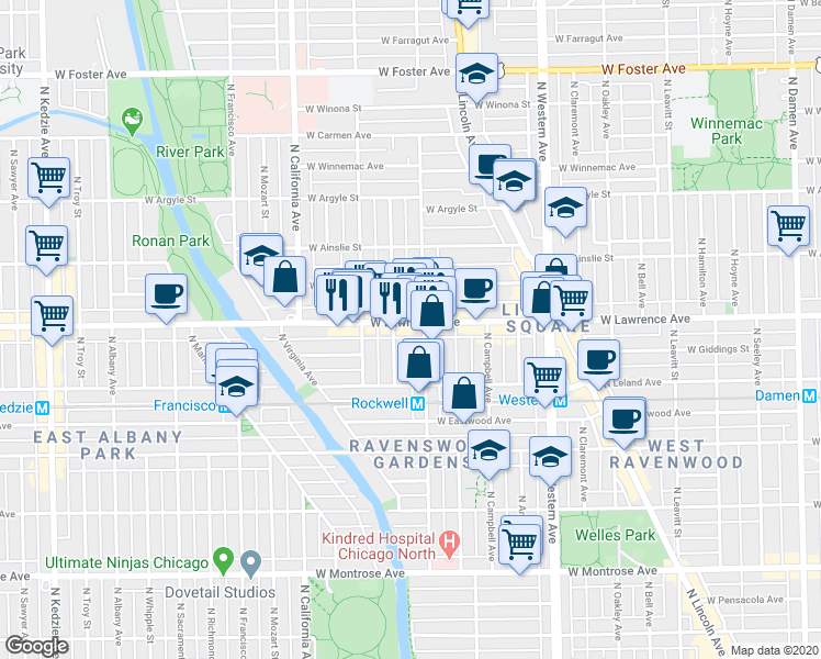 map of restaurants, bars, coffee shops, grocery stores, and more near 2609 West Lawrence Avenue in Chicago