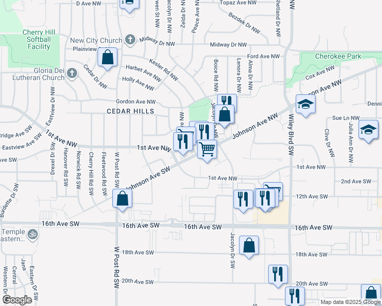 map of restaurants, bars, coffee shops, grocery stores, and more near 4910 Johnson Avenue Northwest in Cedar Rapids